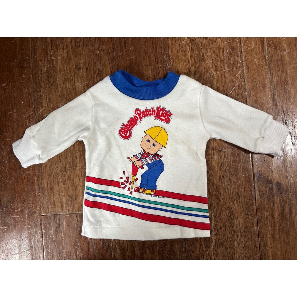 Vintage 1983 Cabbage Patch Kids Long Sleeve Shirt Construction Graphic White USA